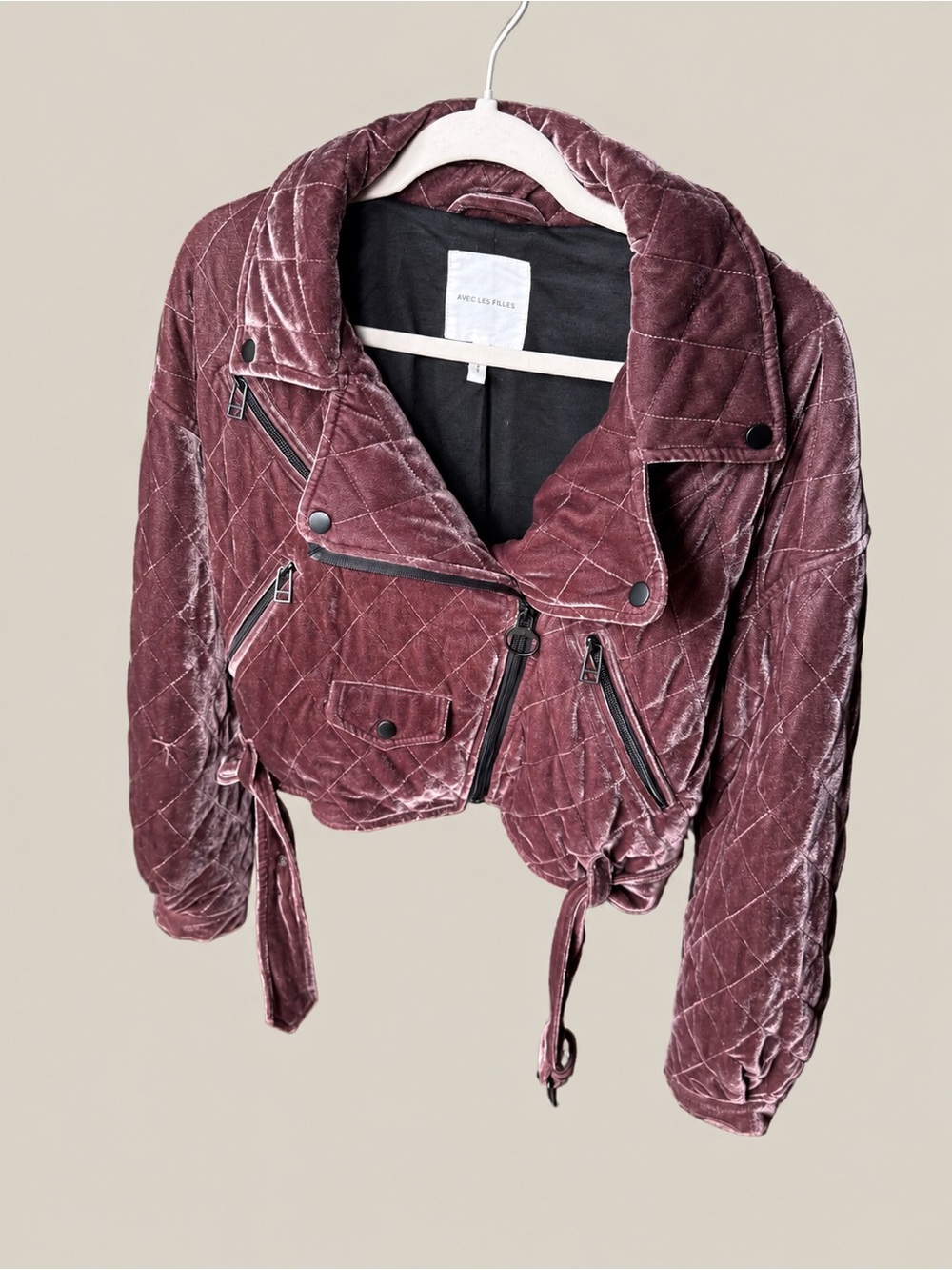 Avec Les Filles Quilted Velvet Moto Jacket Mauve Size M - Picture 3 of 7